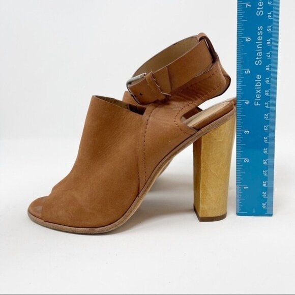 Pour La Victoire Suede Tan Brown 4" Wood Block Heel Peep Toe Mule Ankle Strap 6 - Picture 11 of 12